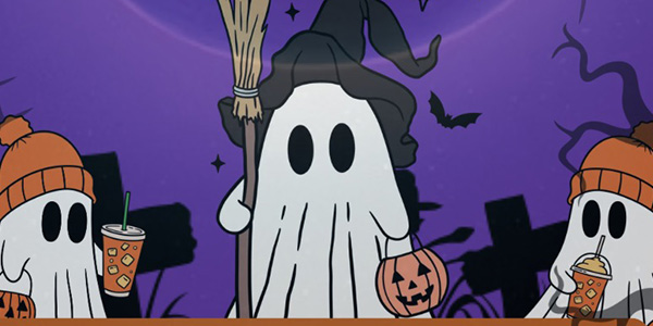 Graphic image of three ghosts dressed in trick-or-treating costumes, one as a witch holding a broom and the others holding drinks wearing orange hats.